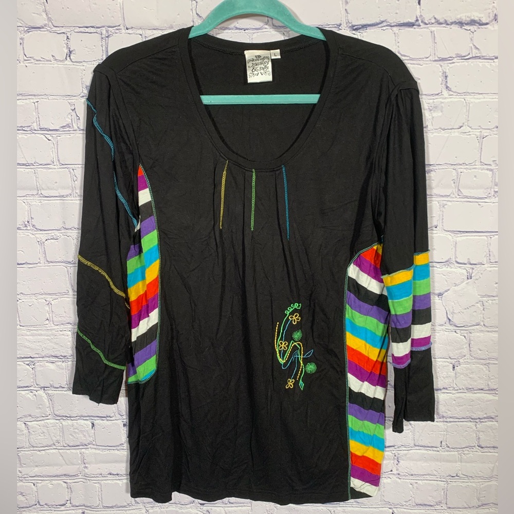 Parsley & Sage Womens Scoop Neck Rainbow Black Top Sz L Artsy Teacher Lagenlook